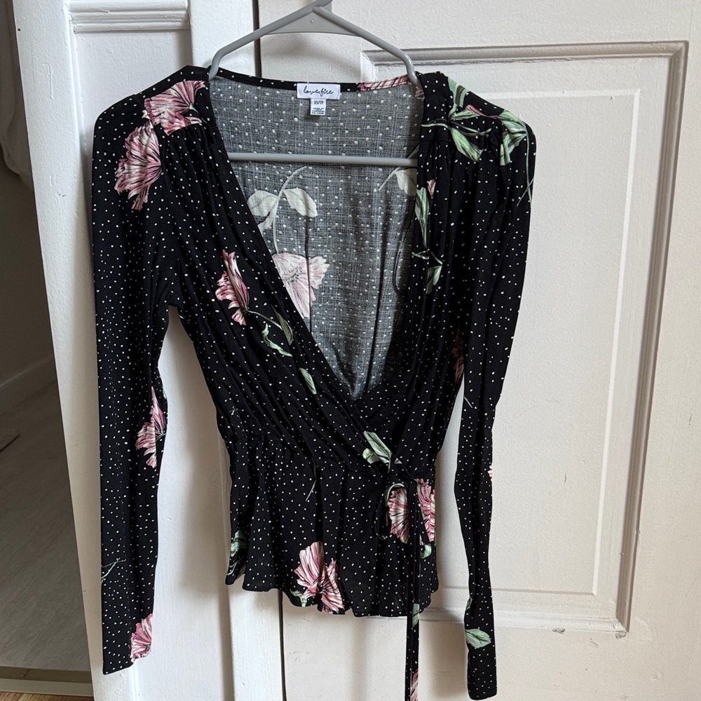 Lush Black and Pink Floral Wrap Blouse